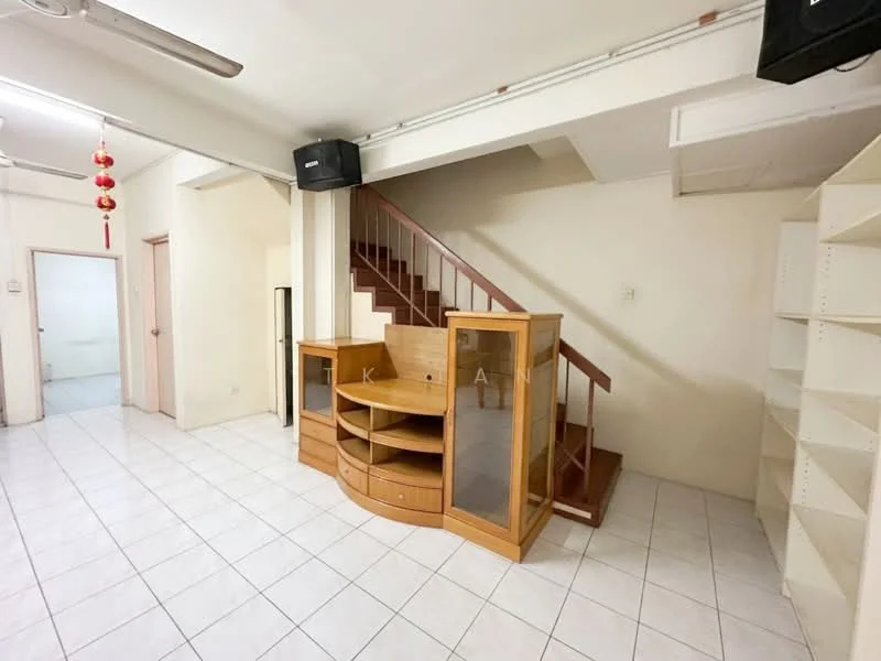 Room features: white painted walls, ceramic tile flooring, wooden staircase, built-in wooden display cabinet, open shelving, ceiling fan, light fixtures, doorway leading to another room; style: modern.