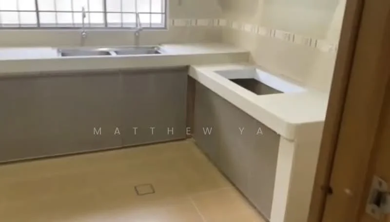 Kitchen features: double-bowl stainless-steel sink, chrome pull-down faucet, white solid surface countertop, grey cabinetry, tile backsplash, cream tiled flooring, window for natural light, built-in cabinetry, kitchen island with storage; style: modern.