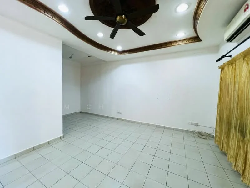 Room features: white painted walls, tile flooring, ceiling with decorative molding, recessed downlights, 5-blade ceiling fan, curtains, air conditioning unit; style: modern.