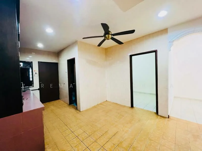 Room features: tan ceramic tile flooring, white painted walls, ceiling fan, recessed downlights, two doors leading to other rooms, open layout, kitchen counter with sink, light-colored wall tiles; style: modern.