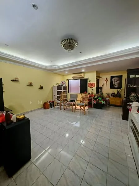 Living features: yellow painted walls, glossy marble tile flooring, recessed ceiling lights, chandelier, two armchairs, wooden shelving unit, decorative wall art, wall-mounted cabinet, air conditioning unit; style: traditional.