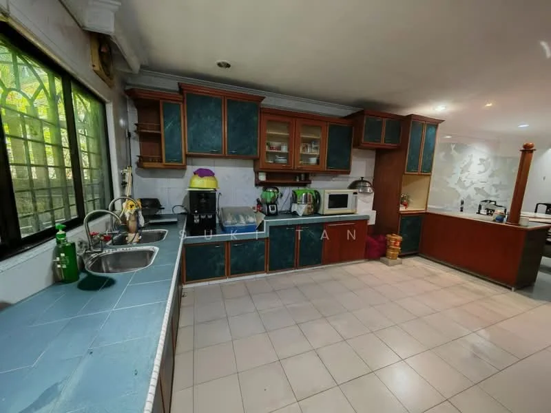 Kitchen features: blue laminate countertop, double-bowl stainless-steel sink, chrome pull-down faucet, built-in microwave, freestanding range oven, stainless-steel refrigerator, wood cabinetry with glass-front upper cabinets, tile flooring, window with black metal grille, recessed LED downlights; style: modern; view: garden.