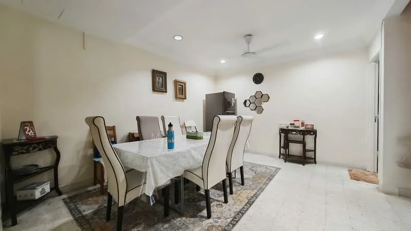 Dining features: 6-seater dining table, upholstered dining chairs, area rug with geometric pattern, wall-mounted clock, ceiling fan, recessed downlights, cream painted walls, wooden side table, decorative wall art, storage cabinet; style: modern.