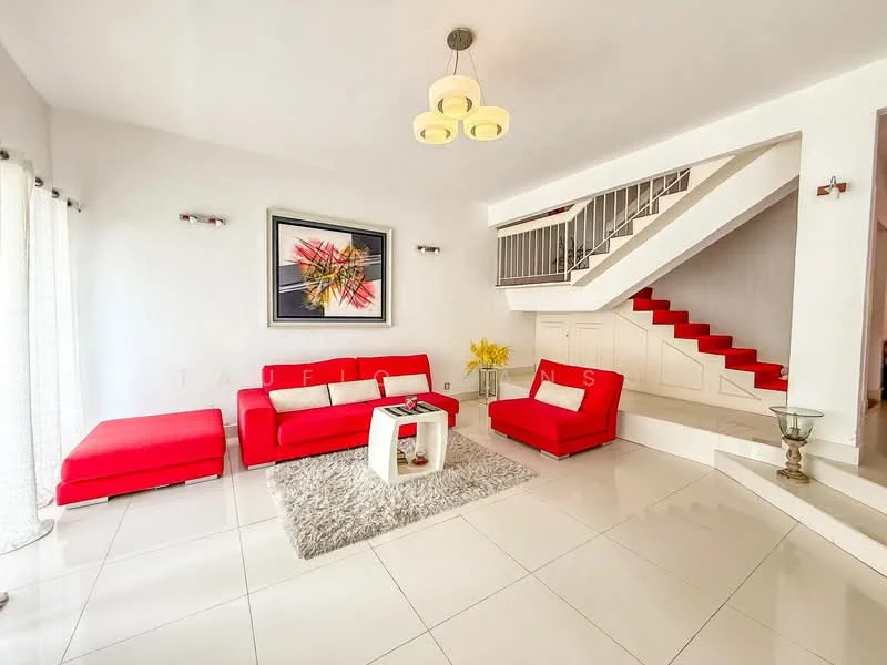 Living features: red fabric L-shape sofa, red fabric 2-seater sofa, white coffee table, area rug with geometric pattern, white tiled flooring, white painted walls, recessed downlights, large artwork on wall, floor-to-ceiling windows with sheer curtains, staircase with white railing and red steps; style: modern.