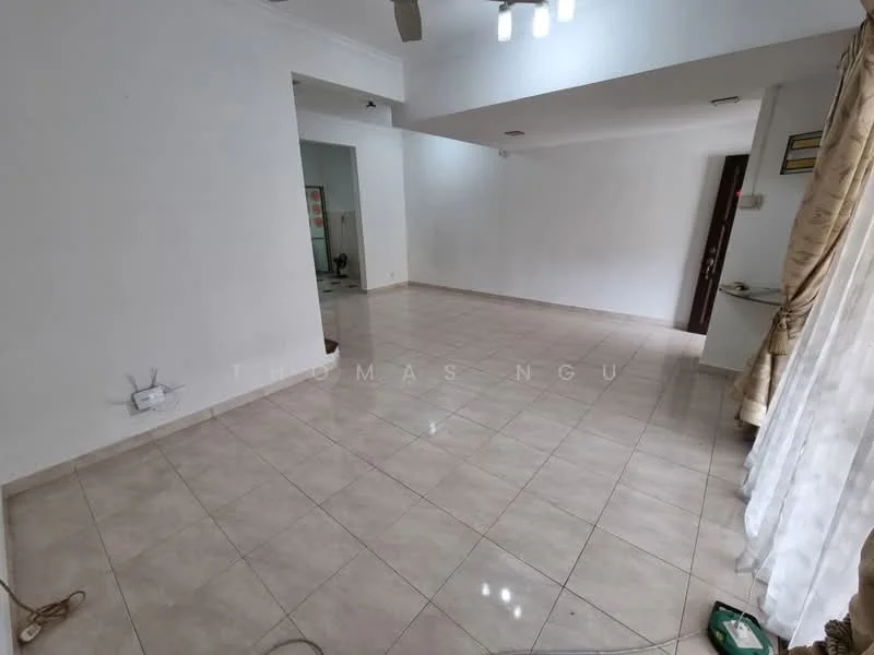 Living features: white painted walls, cream tiled flooring, recessed downlights, ceiling fan, large windows with sheer curtains, open layout, neutral color scheme, no visible furniture; style: modern.
