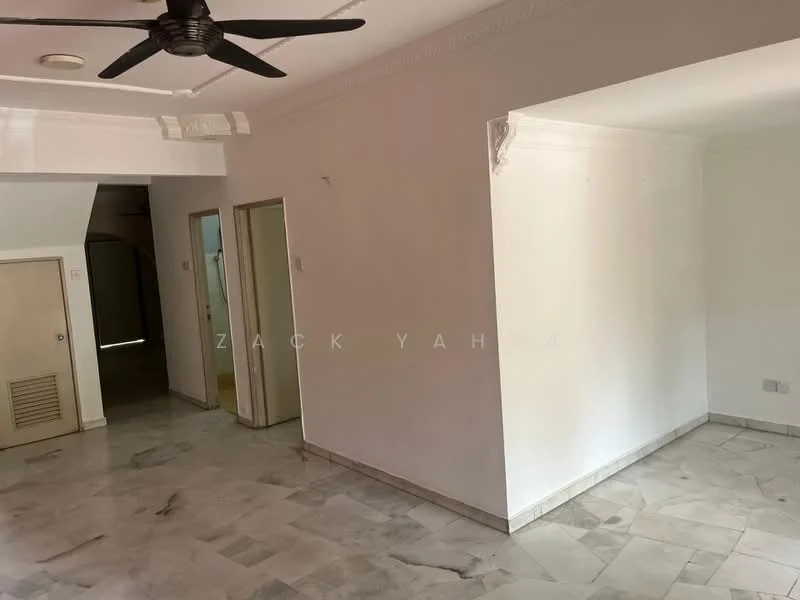 Room features: marble flooring, white painted walls, ceiling fan, recessed ceiling, doorway leading to another room, natural light from adjacent room.