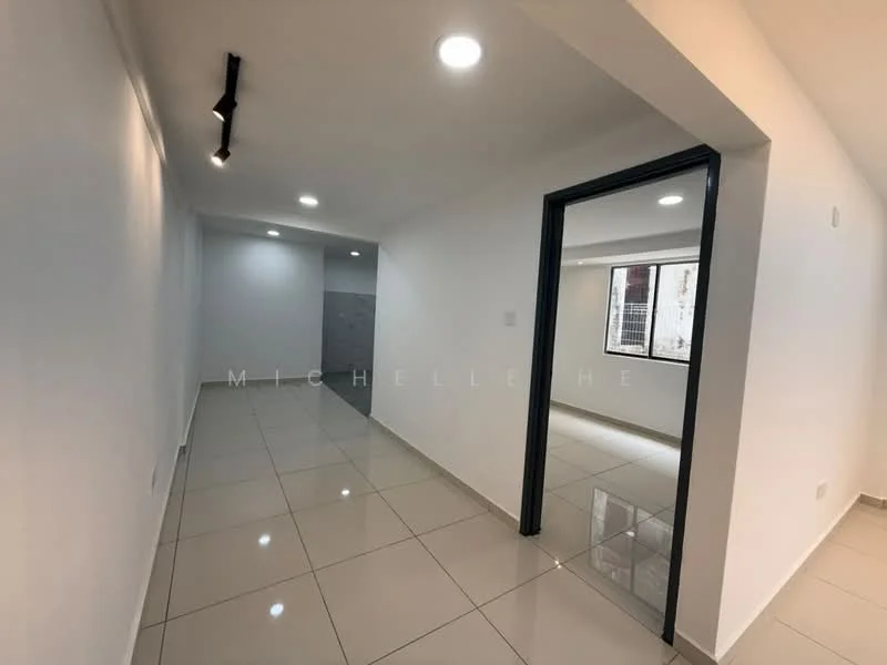 Room features: white painted walls, glossy ceramic tile flooring, recessed LED downlights, doorway leading to another room, large window with city view, neutral color scheme, open layout, smooth ceiling; style: modern; view: city.