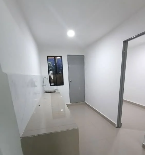 Room features: white painted walls, light grey tiled flooring, single-bowl stainless-steel sink, white countertop, window with black frame, grey door, ceiling light fixture; style: modern.