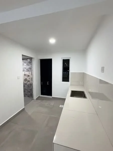 Kitchen features: white painted walls, grey tiled flooring, single-bowl stainless-steel sink, chrome pull-down faucet, white cabinetry, countertop with light-coloured surface, recessed ceiling lights, window with view to the outside; style: modern. Room features: grey tiled flooring, black door, decorative wall with pattern, window.