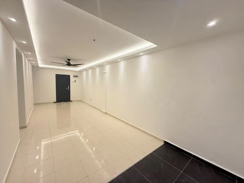 Room features: white painted walls, polished ceramic tile flooring, recessed LED downlights, 5-blade ceiling fan, black accent wall, door with black frame, no visible furniture or decor; style: modern.