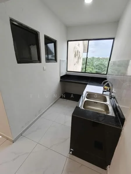 Kitchen features: black countertop, double-bowl stainless-steel sink, chrome pull-down faucet, white tiled backsplash, white painted walls, grey tile flooring, floor-to-ceiling windows, cabinets below countertop; style: modern; view: garden.