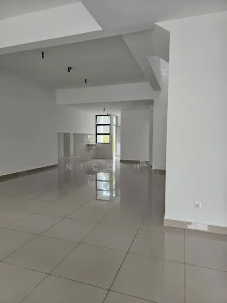 Room features: white painted walls, polished ceramic tile flooring, high ceiling, large windows, open layout, recessed lighting, neutral color scheme, no visible furniture; style: modern.