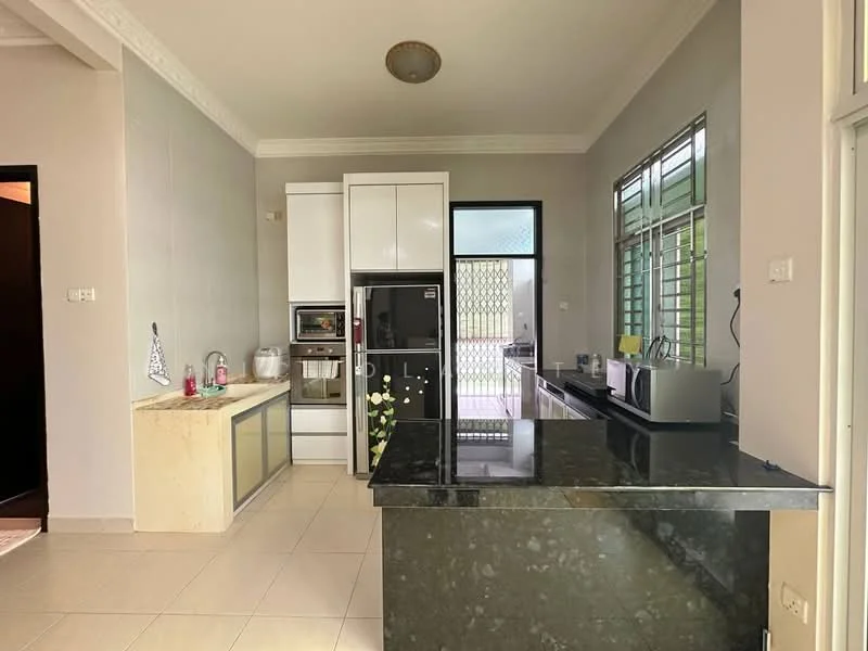 Kitchen features: white cabinetry, black granite countertop, stainless-steel fridge, built-in oven, microwave, kitchen island with seating, ceramic tile flooring, single-bowl stainless-steel sink, chrome pull-down faucet, window with green view, recessed downlights, wall-mounted cabinets; style: modern; view: garden.