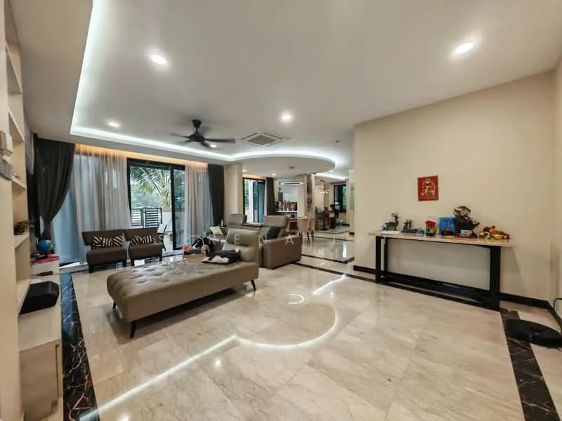 Living features: marble tile flooring, recessed downlights, 5-blade ceiling fan with light, floor-to-ceiling windows, sliding glass door, sheer curtains, sofa in beige, coffee table, TV console, decorative wall shelf, area rug, wall-mounted artwork, decorative plants; style: modern; view: garden.
