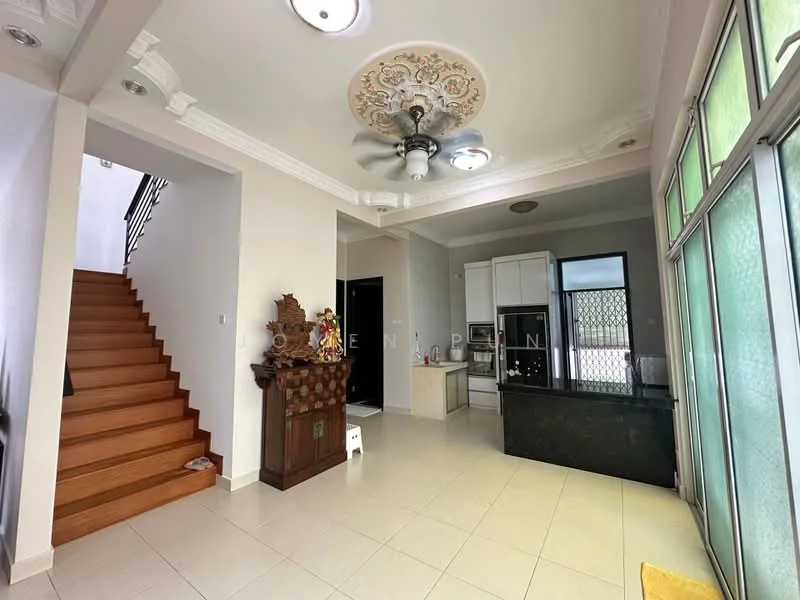 Living features: white painted walls, tile flooring, tray ceiling with decorative molding, 5-blade ceiling fan with light, large windows with green-tinted glass, open layout to kitchen, wooden staircase, decorative wooden cabinet, recessed lighting; style: modern. Kitchen features: white cabinetry, black countertop, built-in oven, stainless-steel fridge, microwave, open layout to living area; style: modern.