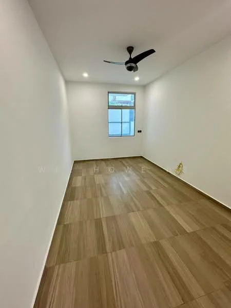 Room features: white painted walls, wooden flooring, 5-blade ceiling fan, window with natural light, recessed downlights.