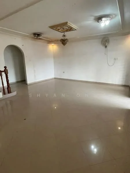 Living features: cream painted walls, polished tile flooring, tray ceiling, chandelier, wall-mounted fan, arched doorway, natural light from windows, no visible furniture.
