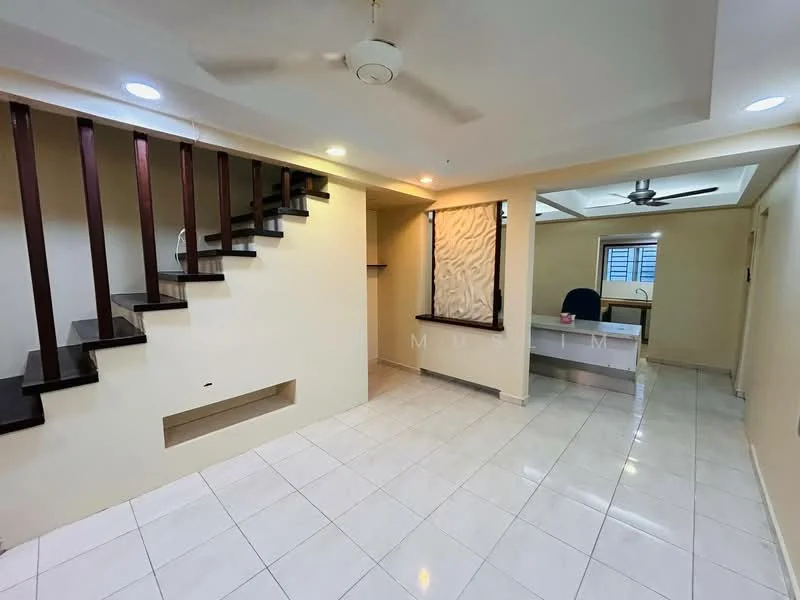 Living features: white painted walls, tile flooring, 5-blade ceiling fan with light, staircase with wooden railing, recessed downlights, built-in feature wall, open layout, natural light from windows; style: modern. Study features: desk, office chair, window, white walls, tile flooring; style: modern.