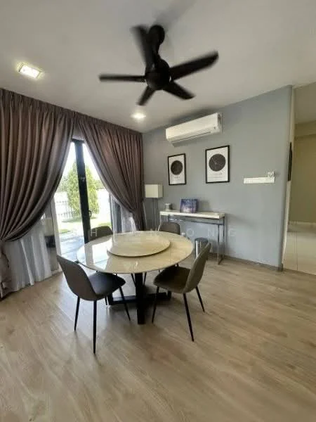 Dining features: round dining table, 4 dining chairs, 5-blade ceiling fan with light, floor-to-ceiling windows, sheer curtains, grey painted walls, wooden flooring, air conditioning unit on wall, decorative wall art; style: modern; view: garden.