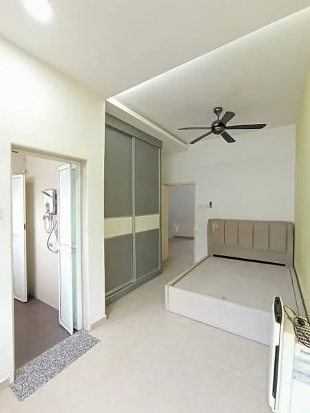 Bedroom features: queen-size bed, upholstered headboard, ceiling fan, built-in wardrobe, light-colored walls, neutral tile flooring, window with natural light, decorative wall paneling; style: modern. Room features: shower area, water heater, grey tiled flooring, white walls.