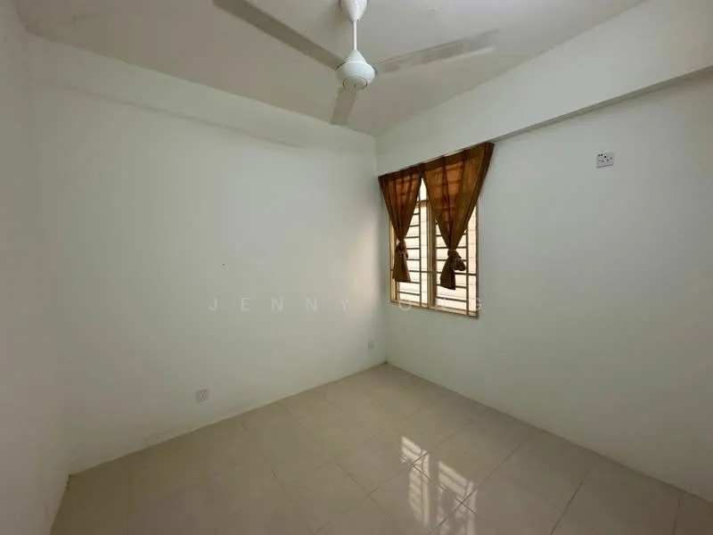 Room features: white painted walls, plain ceiling, ceiling fan, window with brown curtains, glossy tile flooring, single window, natural light from window; style: minimalist.