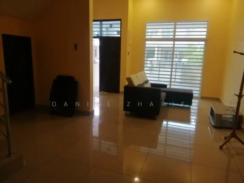 Living features: cream painted walls, glossy tile flooring, sofa in dark grey, coffee table, floor-to-ceiling windows with horizontal blinds, light from windows, open layout, decorative wall, entrance door, visible staircase; style: modern.
