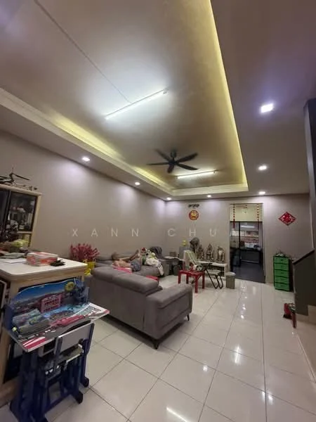 Living features: grey fabric sofa, 3-seater sofa, white tiled flooring, recessed LED downlights, ceiling fan, decorative wall art, small coffee table, open shelving unit, wall-mounted decorations, neutral painted walls, area rug; style: modern.