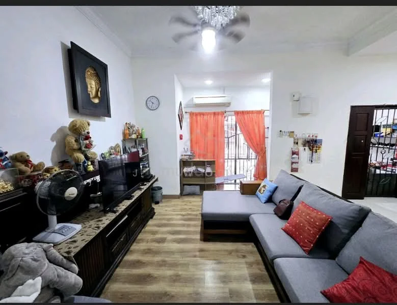 Living features: 3-seater grey fabric sofa, red decorative cushions, wooden TV console, flat-screen TV, ceiling fan with light, wooden flooring, wall clock, decorative artwork, teddy bears as decor, orange sheer curtains, air conditioning unit, open shelving, wall-mounted hooks, window with security bars; style: modern.