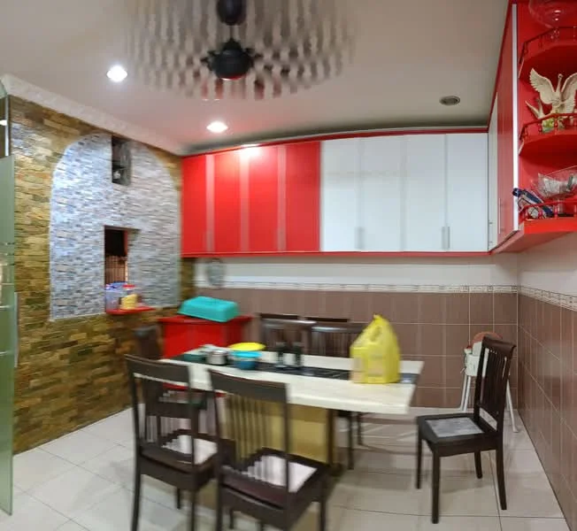 Kitchen features: red and white cabinetry, stone accent wall, white tiled backsplash, black dining table, wooden dining chairs, green countertop appliance, recessed ceiling lights, ceiling fan, ceramic tile flooring; style: modern.