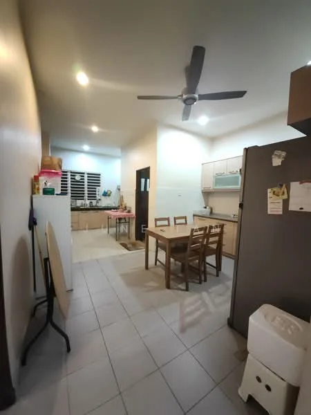 Kitchen features: white painted walls, tile flooring, 5-blade ceiling fan, recessed downlights, wood dining table with chairs, stainless-steel fridge, kitchen cabinetry with countertop, sink, open layout to living area; style: modern.