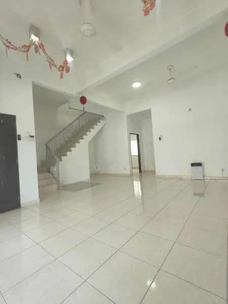 Living features: white painted walls, glossy tile flooring, 5-blade ceiling fan with light, recessed downlights, staircase with metal railing, large windows for natural light, decorative ceiling, air conditioning unit; style: modern.