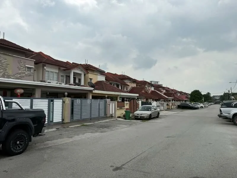 Exterior type: linked terrace house; features: red tiled roof, two-storey buildings, front yard with gate, driveway with interlocking pavers, manicured landscaping, visible parking spaces, street view, surrounded by residential area; style: modern.