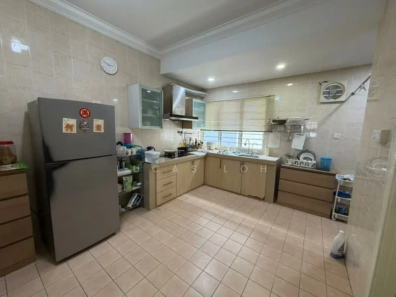 Kitchen features: grey stainless-steel fridge, wood cabinetry, laminate countertop, single-bowl stainless-steel sink, chrome pull-down faucet, built-in oven, 4-burner gas hob, exhaust hood, window with blinds, tile backsplash, cream tiled walls, beige tiled flooring, wall-mounted air conditioning unit, clock on wall; style: modern.
