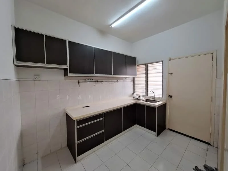 Kitchen features: L-shaped kitchen layout, white laminate countertop, dark wood cabinetry, stainless-steel sink, chrome pull-down faucet, tile backsplash, ceramic tile flooring, window with horizontal blinds, door leading outside, wall-mounted cabinets, under-cabinet lighting; style: modern.