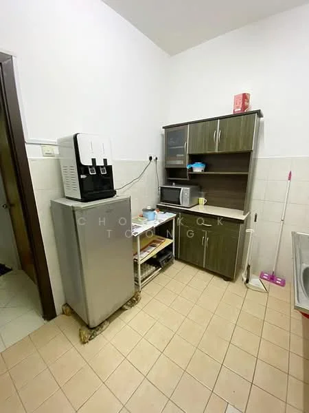 Kitchen features: grey wooden cabinetry, white tiled backsplash, ceramic tile flooring, stainless-steel fridge, microwave, countertop with storage, sink with faucet, water dispenser; style: modern.