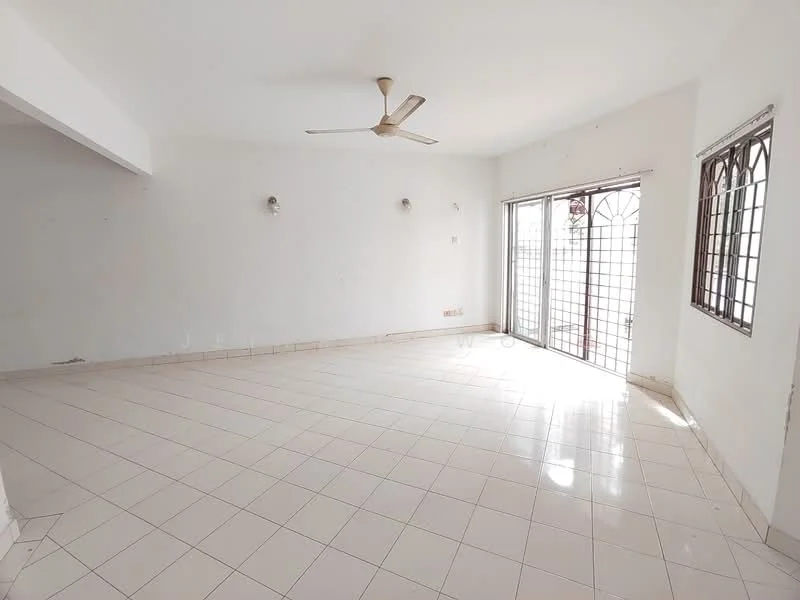 Living features: white painted walls, glossy ceramic tile flooring, 5-blade ceiling fan, floor-to-ceiling windows, sliding glass door, natural light from windows, no visible furniture, neutral color scheme; style: minimalist; view: garden.