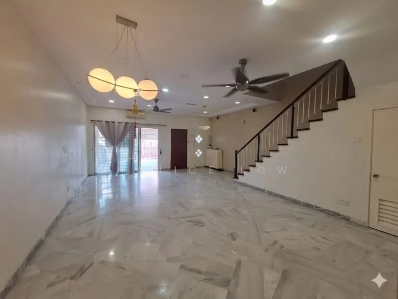 Living features: marble flooring, white painted walls, 5-blade ceiling fan with light, recessed downlights, large sliding glass door, curtains, staircase with wooden railing, open layout, decorative pendant lights; style: modern.