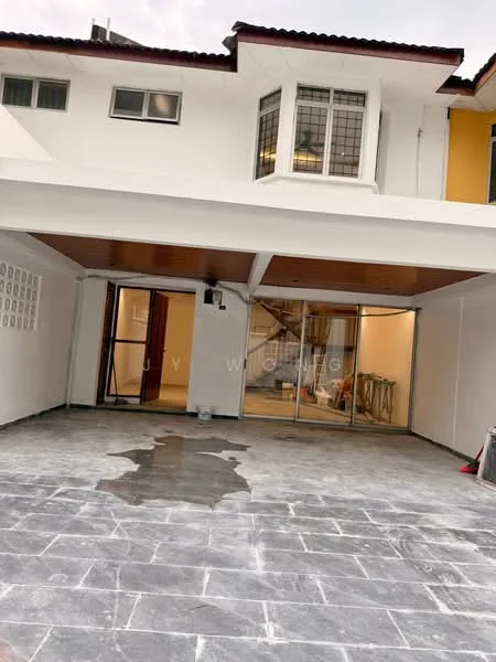 Room features: grey stone flooring, white painted walls, wooden ceiling with beams, large glass sliding doors, multiple windows, staircase visible in background, open layout, interior lighting fixtures; style: modern.