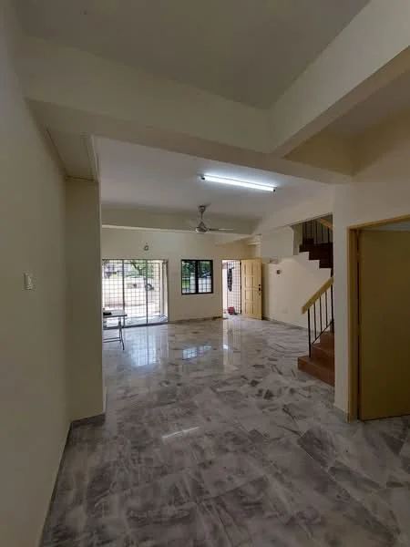 Living features: marble flooring, white painted walls, ceiling fan, large windows, sliding glass door, staircase, doorway leading to another room, natural light; style: modern; view: garden.
