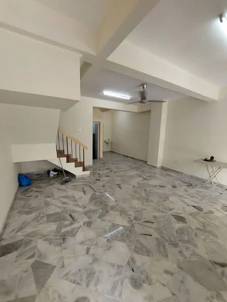 Room features: marble flooring, white painted walls, ceiling fan, staircase with wooden handrail, recessed ceiling lights, open layout, large windows, utility area, table, blue plastic bag; style: modern.