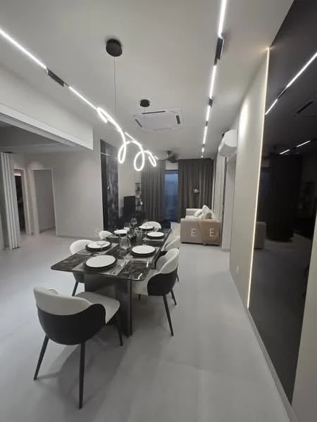 Dining features: 6-seater dining table, black marble tabletop, white upholstered dining chairs, modern pendant lighting, recessed LED downlights, air conditioning unit, floor-to-ceiling windows, curtains, light grey tiled flooring, decorative wall with lighting feature; style: modern.
