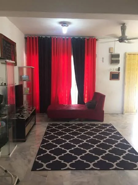 Living features: red and black curtains, ceiling fan, recessed ceiling light, marble flooring, area rug with geometric pattern, red chaise lounge, black TV console, glass display cabinet, wall-mounted decor, white walls; style: contemporary.
