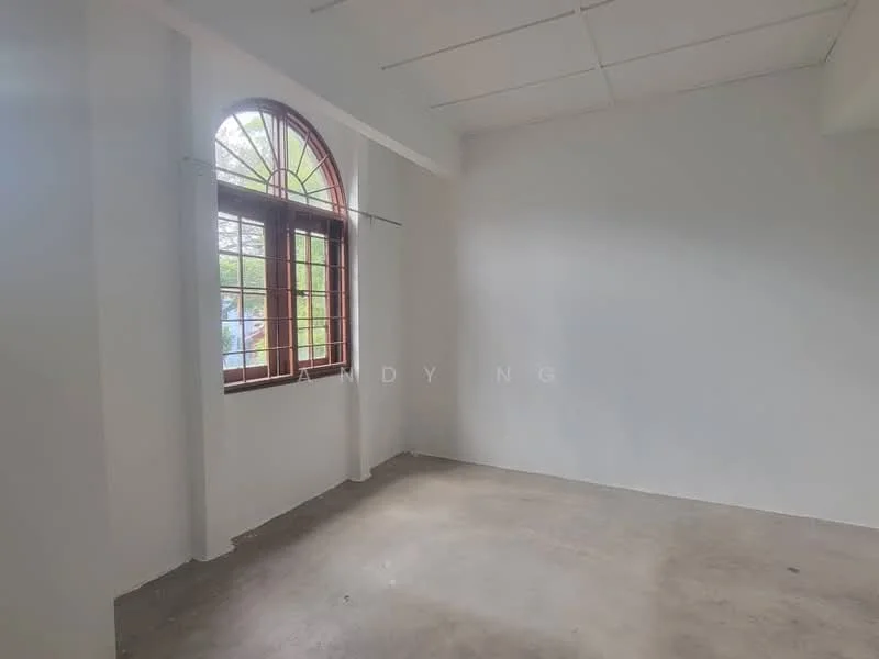 Room features: white painted walls, concrete flooring, arched window with wooden frame, window treatments, high ceiling, no visible furniture; style: minimalist; view: garden.