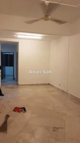 Room features: marble flooring, white painted walls, ceiling fan, fluorescent lighting, window with view to outside, empty space, cleaning supplies on floor.