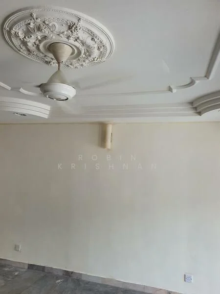 Room features: white painted walls, ceiling rose, ceiling fan, marble flooring.