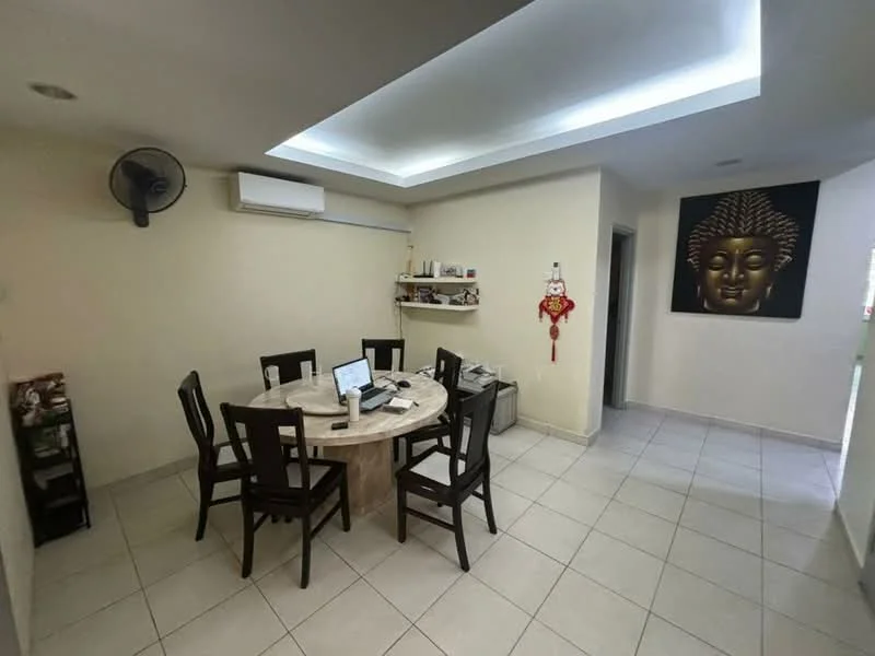 Dining features: round dining table, 6 dining chairs, wall-mounted air conditioning unit, recessed ceiling lights, cream painted walls, tile flooring, decorative wall art with Buddha, open shelving unit, floor-to-ceiling windows, decorative wall hanging, ceiling fan; style: modern.