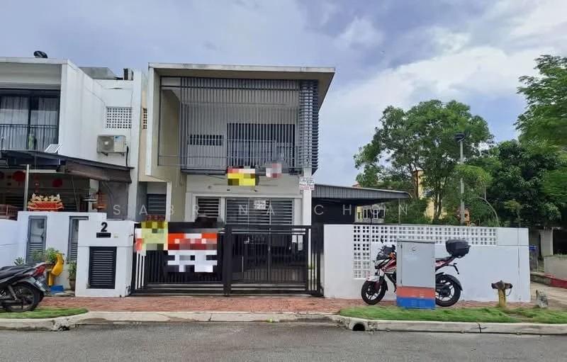 Exterior type: semi-detached house; features: white painted facade, flat roof, two-storey structure, brick driveway, manicured lawn, decorative wall with lattice, motorcycle parked in front, security gate, landscaped garden, visible air conditioning unit; style: modern.