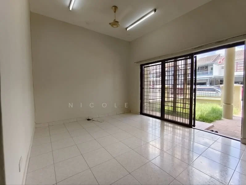 Room features: white painted walls, tile flooring, ceiling fan, sliding glass door, grill on sliding door, natural light from sliding door, corner windows, outdoor view of grass; view: garden.