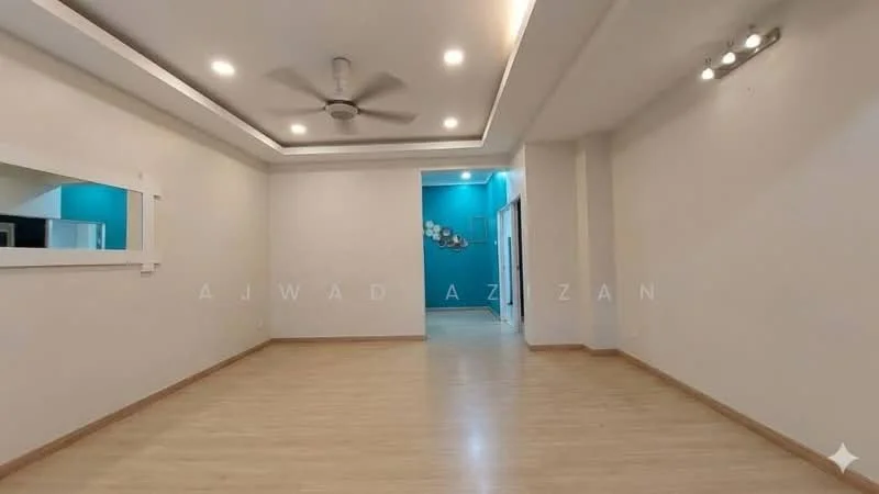 Living features: light wood laminate flooring, white painted walls, tray ceiling with recessed lighting, 5-blade ceiling fan with light, large mirror on wall, blue accent wall, wall-mounted artwork, open layout to adjacent room; style: modern.