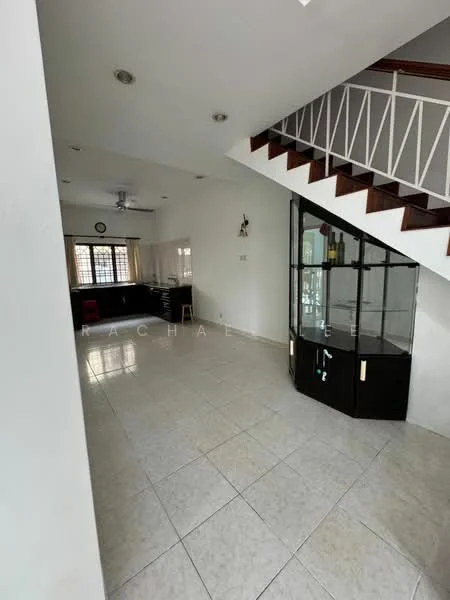 Living features: white painted walls, ceramic tile flooring, ceiling fan, staircase with wooden steps, glass display cabinet, large windows for natural light, open layout, neutral color scheme; style: modern. Kitchen features: black cabinetry, countertop space, kitchen island, wall-mounted cabinets, open layout to living area; style: modern.